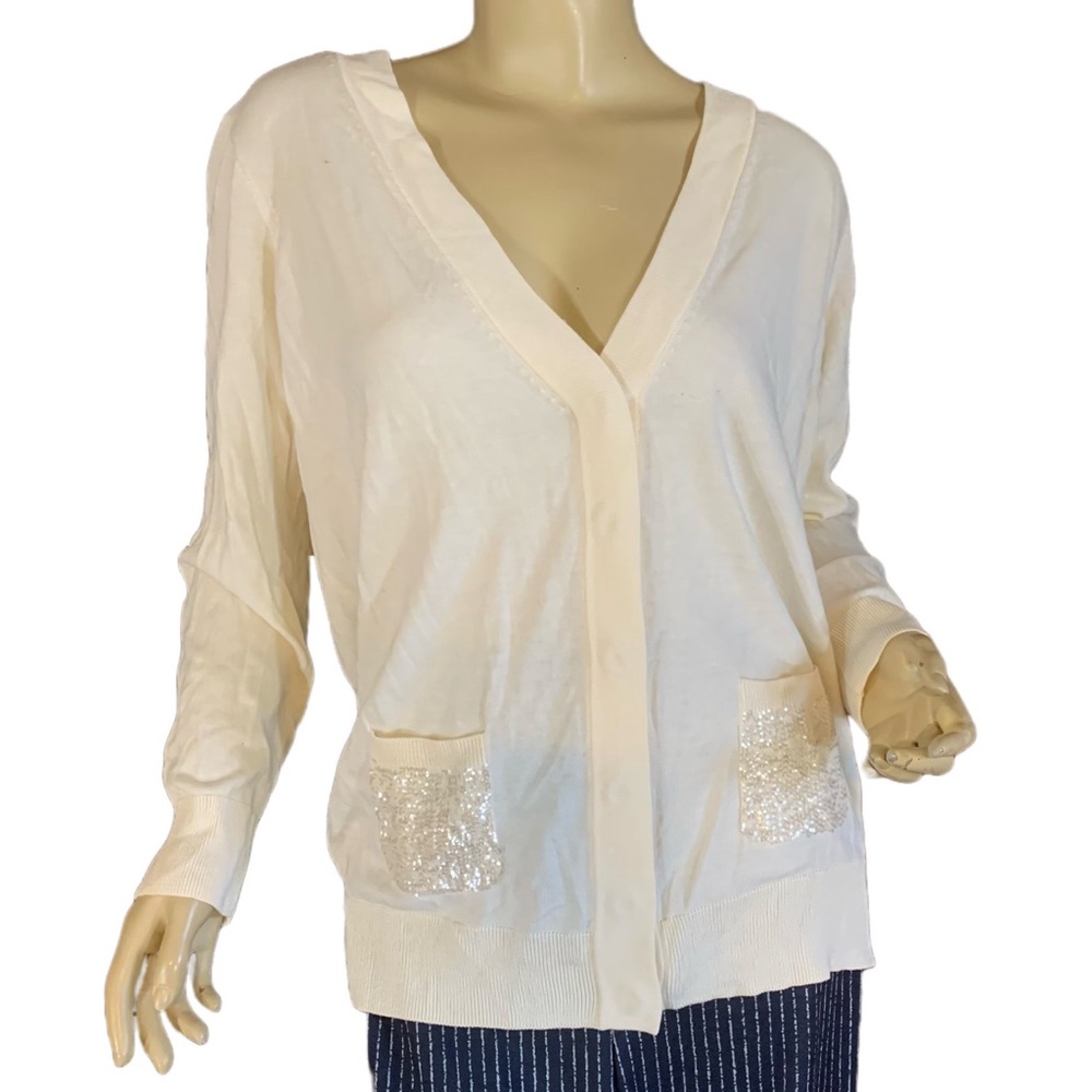 TALBOT'S WOMAN PETITES CREAM COTTON BLEND CARDIGAN W/SEQUINS NWT (2XP)